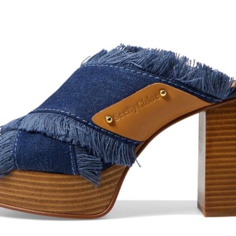 Anthropologie See by Chloe Denim Platform Mule Slide Sandal Frayed 38 NEW - Picture 4 of 8